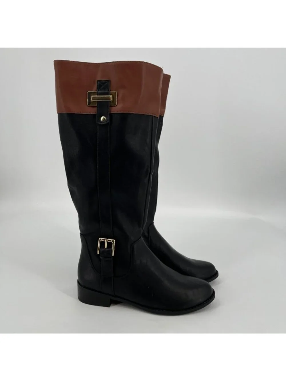 Jones New York Leodenn Knee High Boots Black Cognac Size 6M Synthetic Zip Buckle